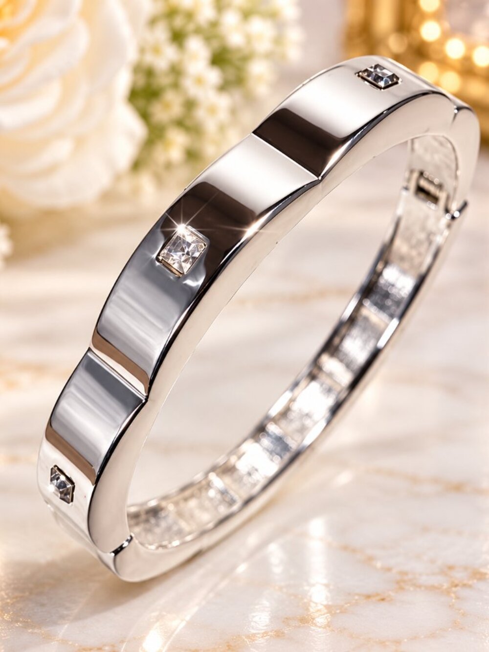 Silver Crystal Bangle Bracelet Square Rhinestone Modern Statement Womens Jewelry